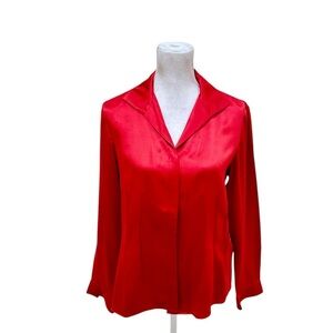 Lafayette 148 New York tomato Red 100% Silk collared blouse pleated fitted sz 10